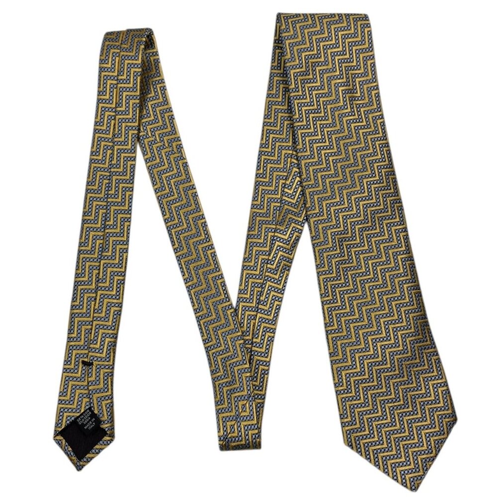 Ermenegildo Zegna Silk Tie Yellow‑Gold & Blue‑Gray Geometric Italy 3.3” x 58"